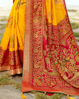 Vishal Prints Yellow And Red Silk Saree With Weaving Work