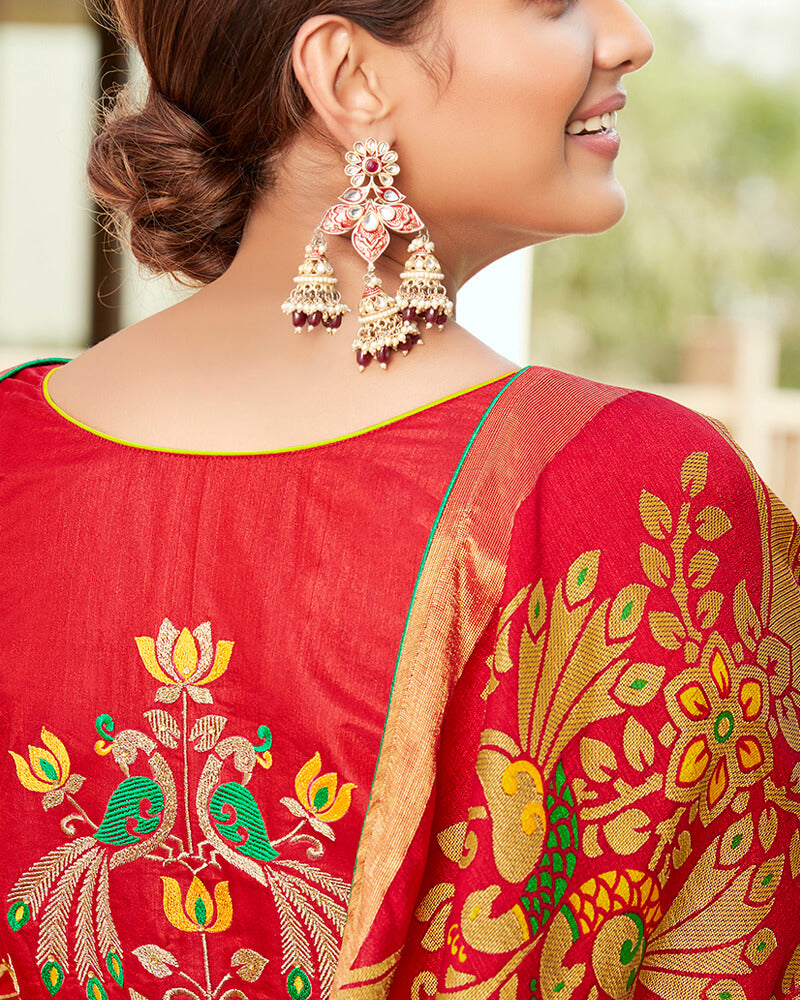 Vishal Prints Yellow And Red Silk Saree With Weaving Work