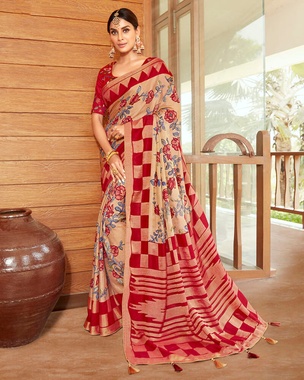 Vishal Prints Red And Pastel Orange Silk Saree With Weaving Work