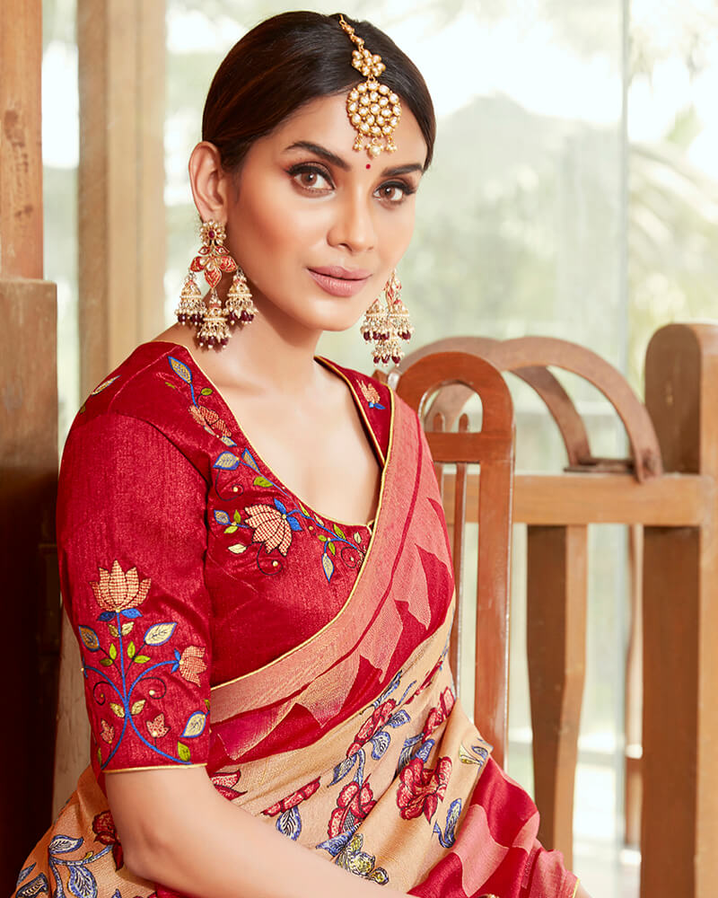 Vishal Prints Red And Pastel Orange Silk Saree With Weaving Work