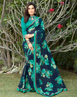 Vishal Prints Navy Blue And Rama Green Georgette Saree With Jari Border