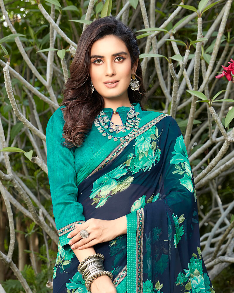 Vishal Prints Navy Blue And Rama Green Georgette Saree With Jari Border