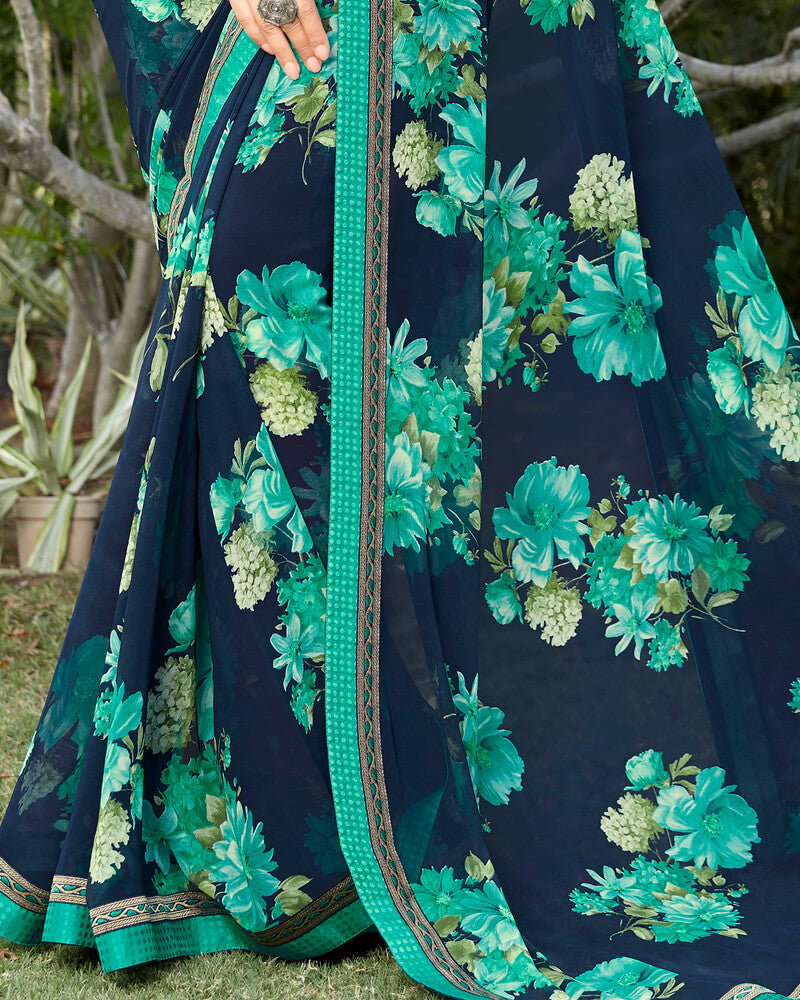 Vishal Prints Navy Blue And Rama Green Georgette Saree With Jari Border