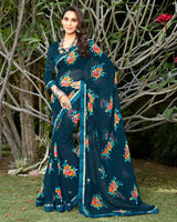 Vishal Prints Dark Navy Blue Georgette Saree With Satin Border