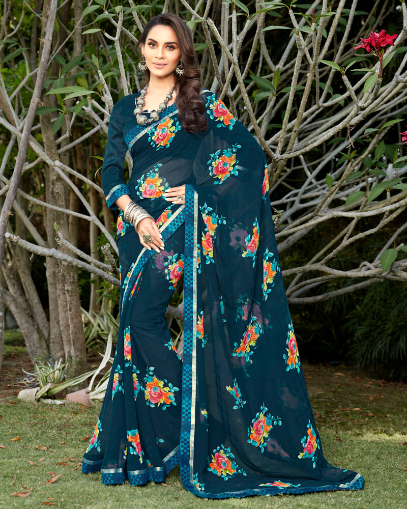 Vishal Prints Dark Navy Blue Georgette Saree With Satin Border