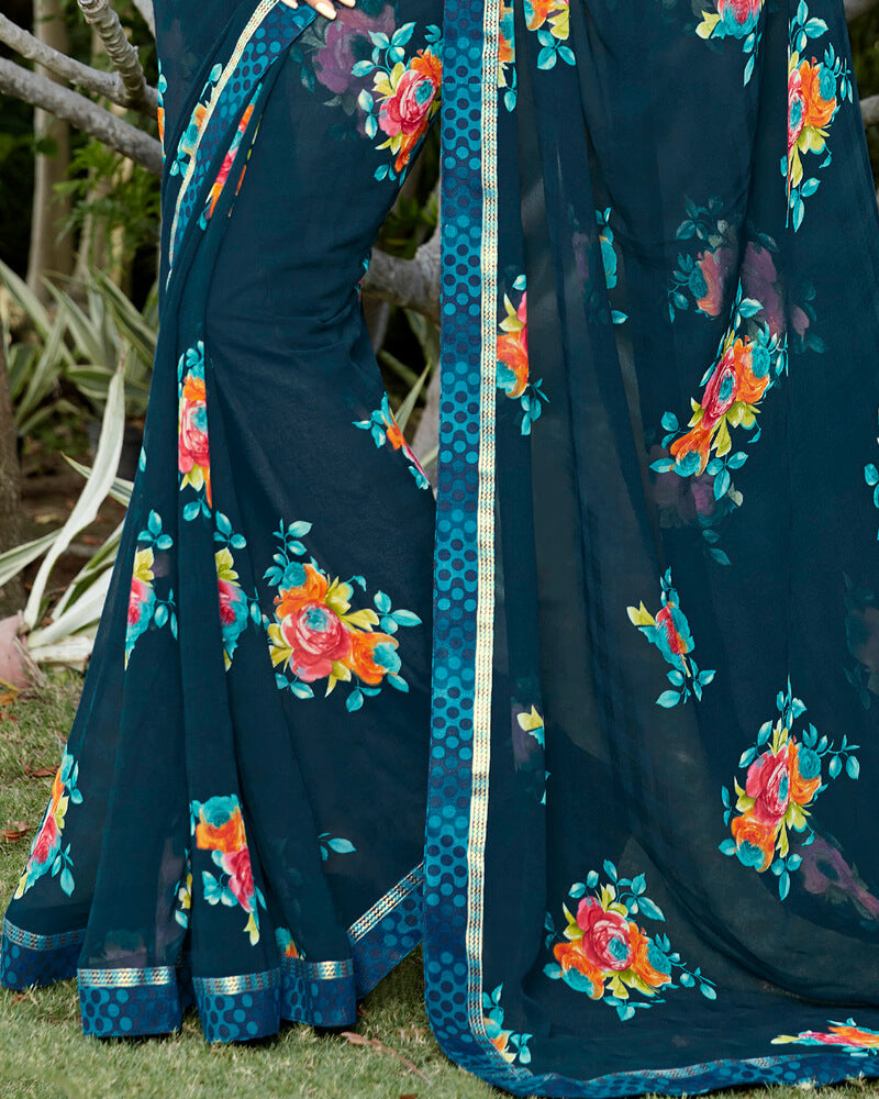 Vishal Prints Dark Navy Blue Georgette Saree With Satin Border