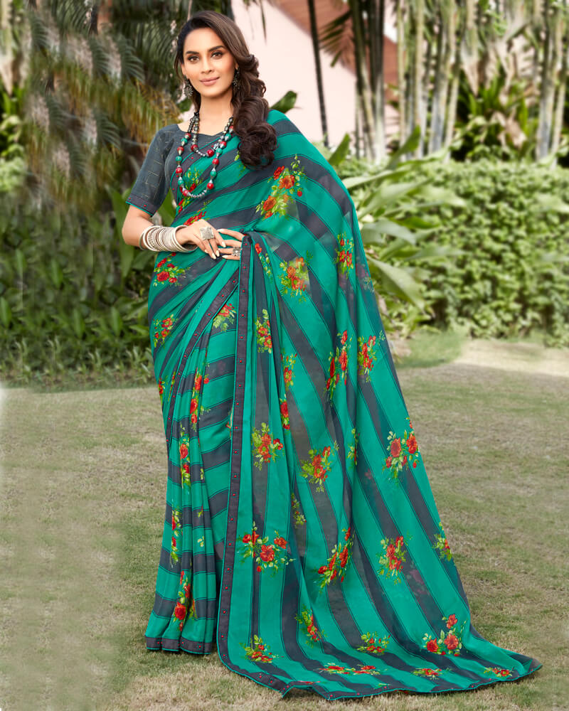 Vishal Prints Rama Green Georgette Saree With Border