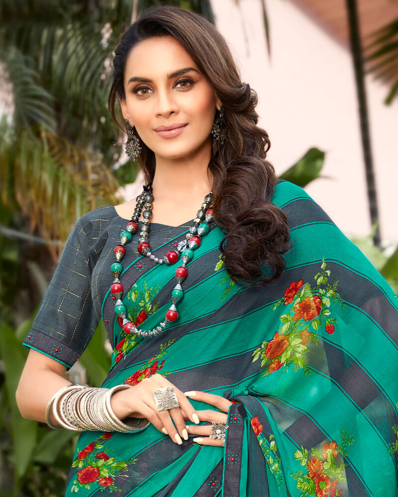 Vishal Prints Rama Green Georgette Saree With Border