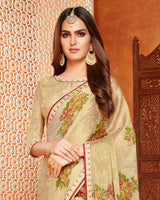 Vishal Prints Beige Printed Crepe Saree With Piping