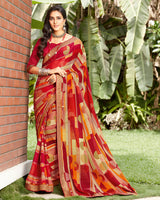 Vishal Prints Red Georgette Saree With Jari Border