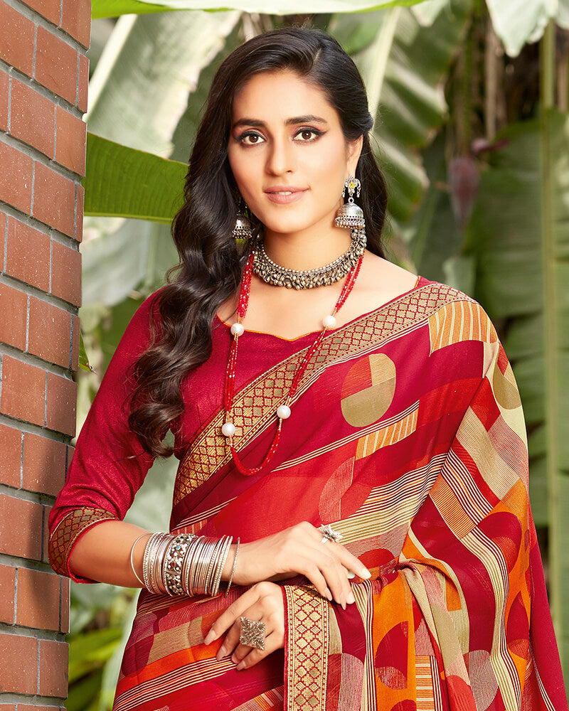 Vishal Prints Red Georgette Saree With Jari Border