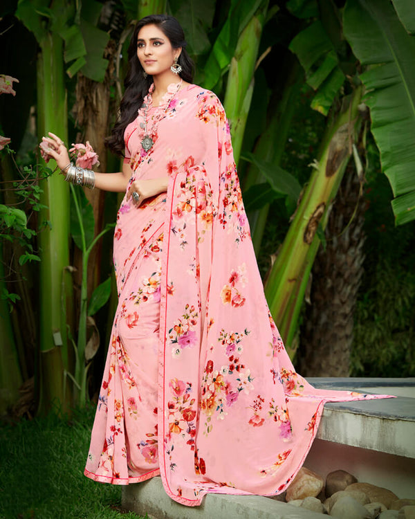 Vishal Prints Pastel Pink Printed Georgette Saree With Piping