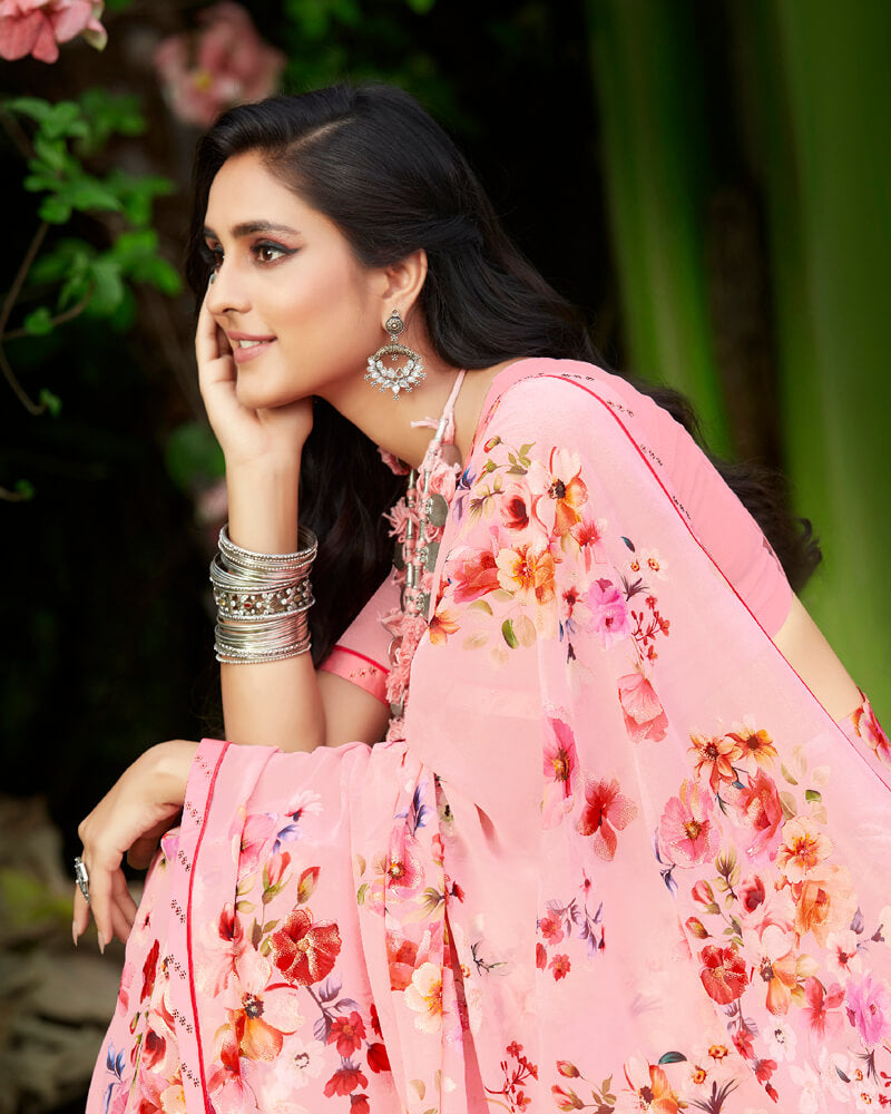 Vishal Prints Pastel Pink Printed Georgette Saree With Piping