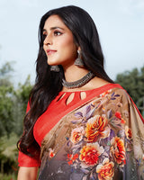 Vishal Prints Charcoal Grey Digital Print Crepe Saree