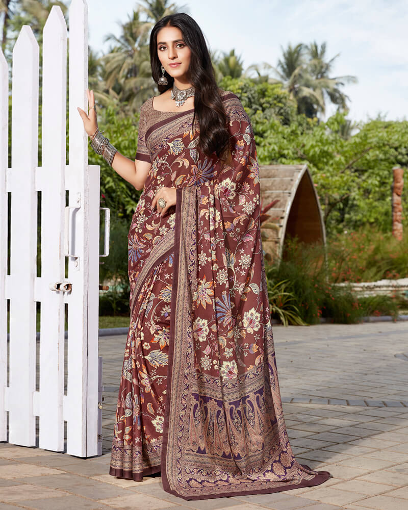 Vishal Prints Deep Coffee Brown Digital Print Crepe Saree