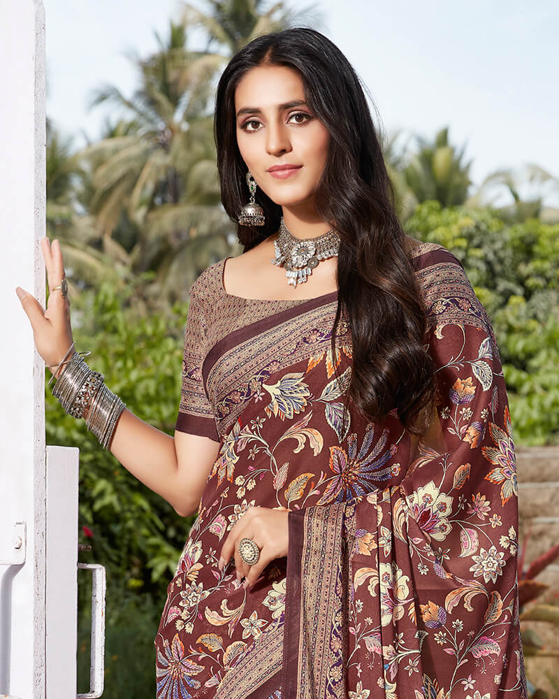 Vishal Prints Deep Coffee Brown Digital Print Crepe Saree