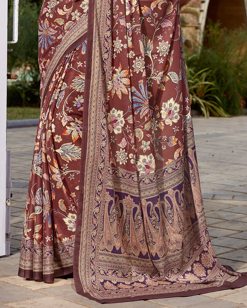Vishal Prints Deep Coffee Brown Digital Print Crepe Saree