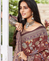 Vishal Prints Deep Coffee Brown Digital Print Crepe Saree