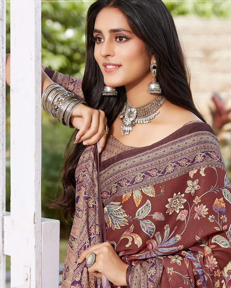 Vishal Prints Deep Coffee Brown Digital Print Crepe Saree