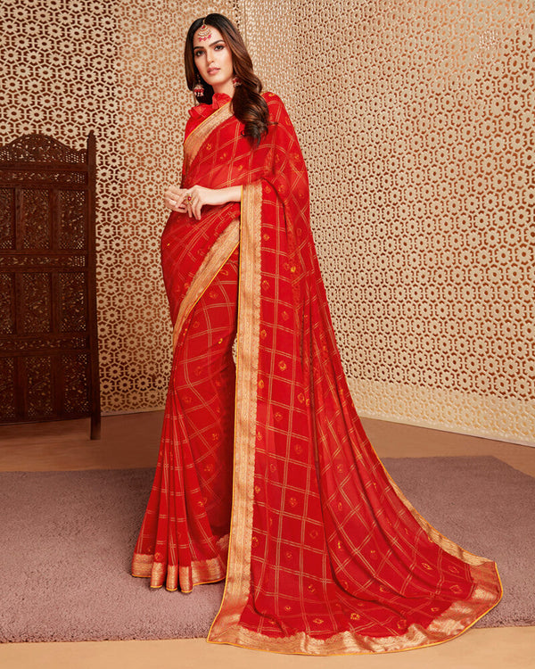 Vishal Prints Red Printed Georgette Saree With Jari Border