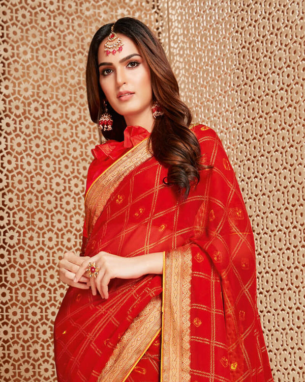 Vishal Prints Red Printed Georgette Saree With Jari Border
