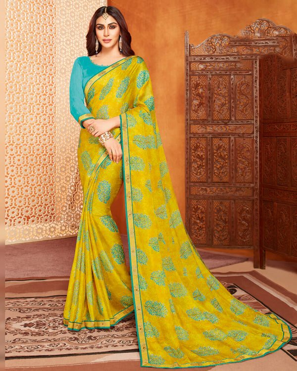 Vishal Prints Yellow Printed Chiffon Saree With Piping
