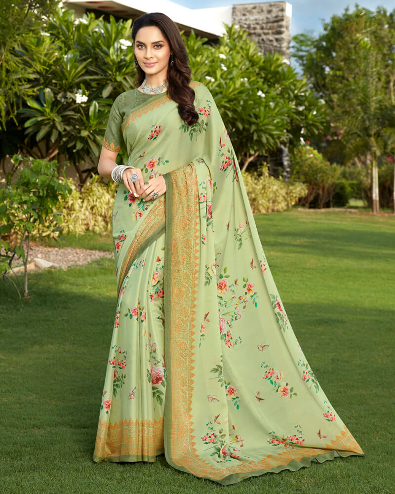 Vishal Prints Light Olive Green Digital Print Crepe Saree