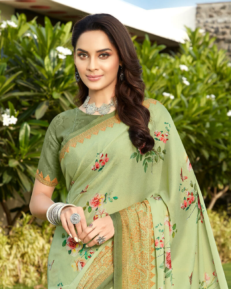Vishal Prints Light Olive Green Digital Print Crepe Saree