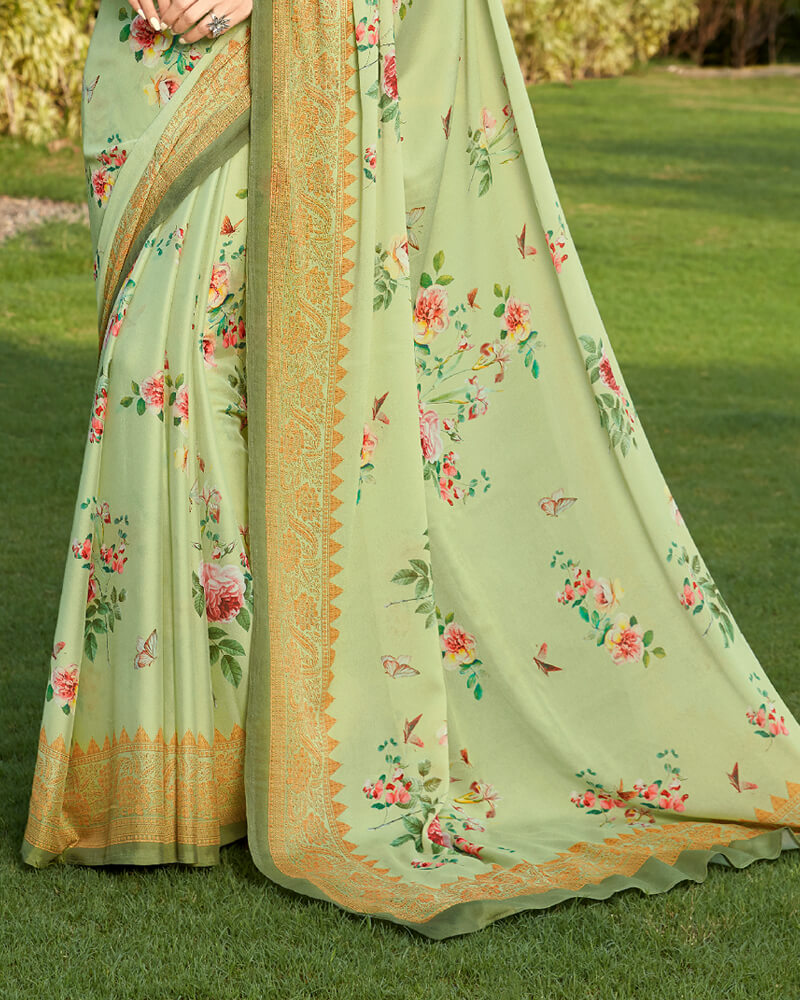 Vishal Prints Light Olive Green Digital Print Crepe Saree