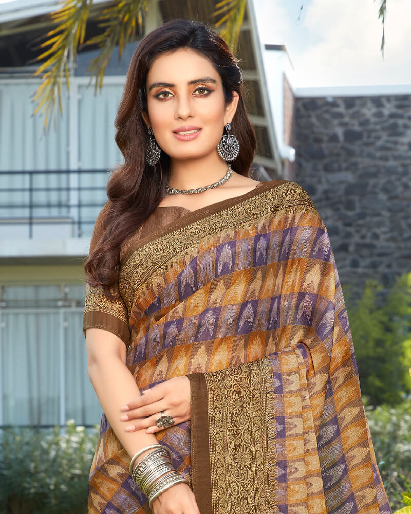 Vishal Prints Dark Beige Digital Print Crepe Saree