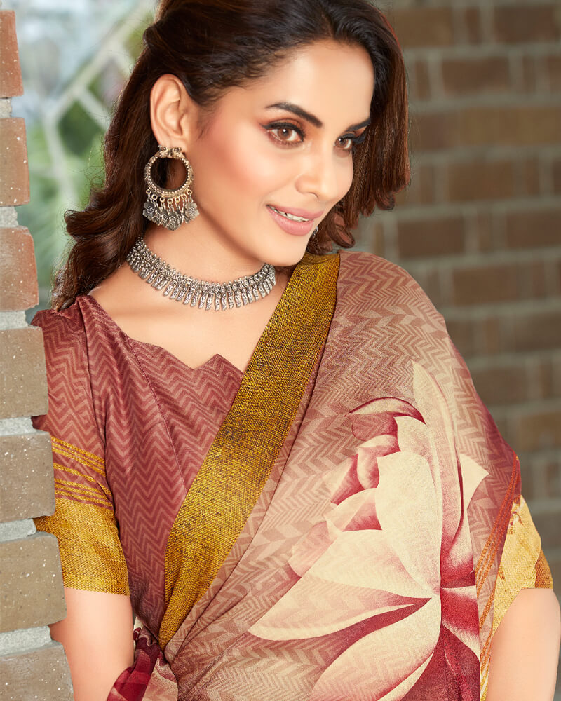Vishal Prints Ochre And Brick Red Digital Print Crepe Saree