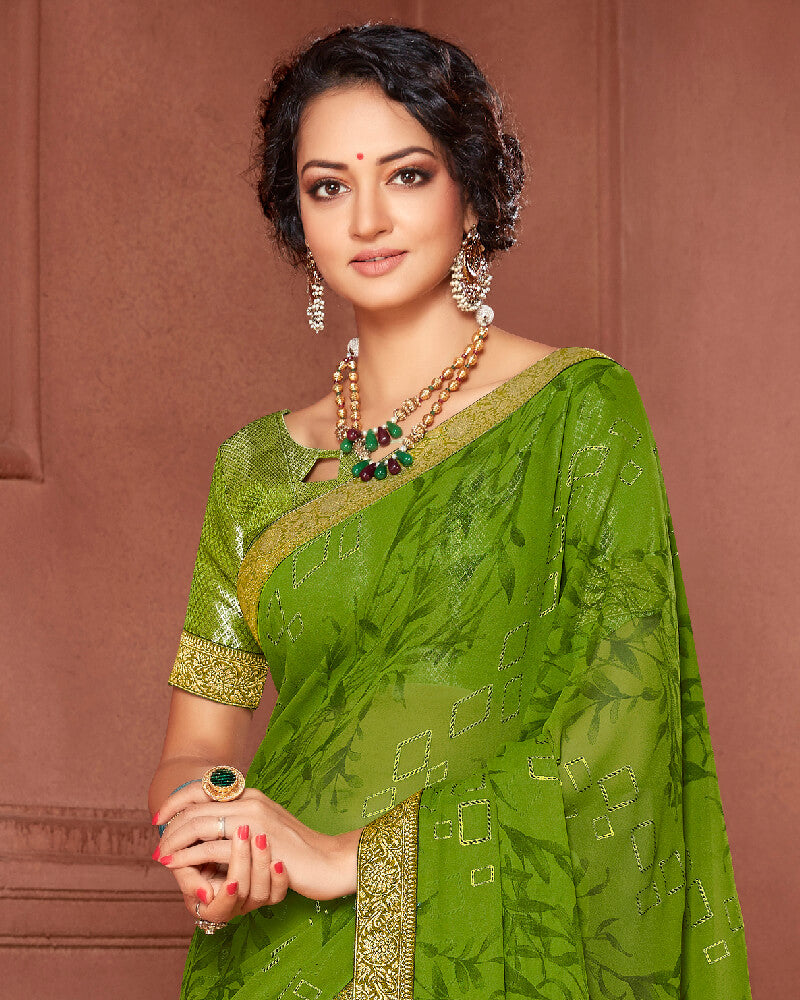 Vishal Prints Mehandi Green Chiffon Saree With Foil Print And Jari Border