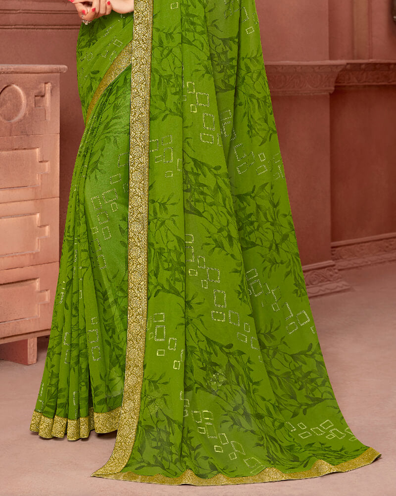 Vishal Prints Mehandi Green Chiffon Saree With Foil Print And Jari Border