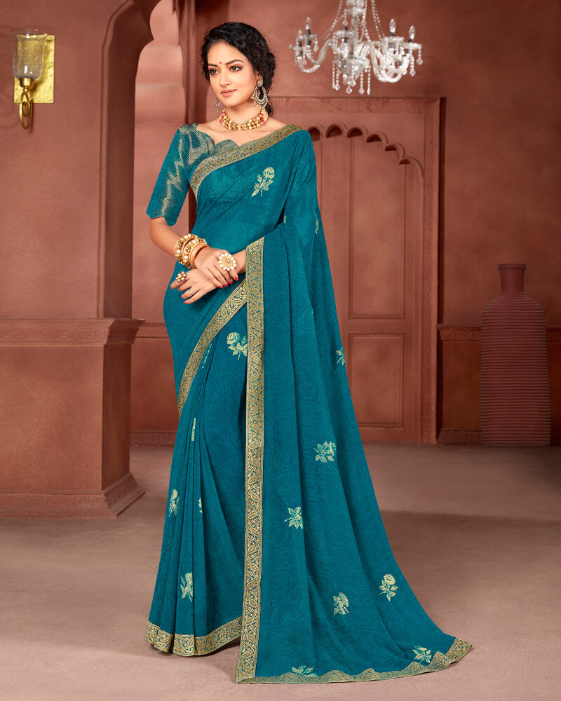 Vishal Prints Peacock Blue Chiffon Saree With Foil Print And Jari Border