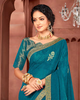 Vishal Prints Peacock Blue Chiffon Saree With Foil Print And Jari Border