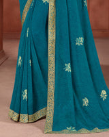 Vishal Prints Peacock Blue Chiffon Saree With Foil Print And Jari Border