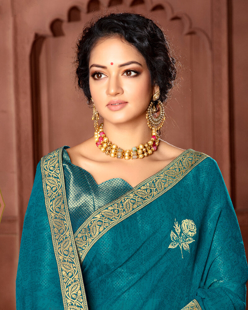 Vishal Prints Peacock Blue Chiffon Saree With Foil Print And Jari Border