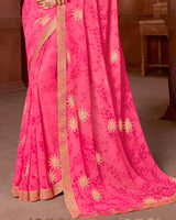 Vishal Prints Bright Pink Chiffon Saree With Foil Print And Jari Border