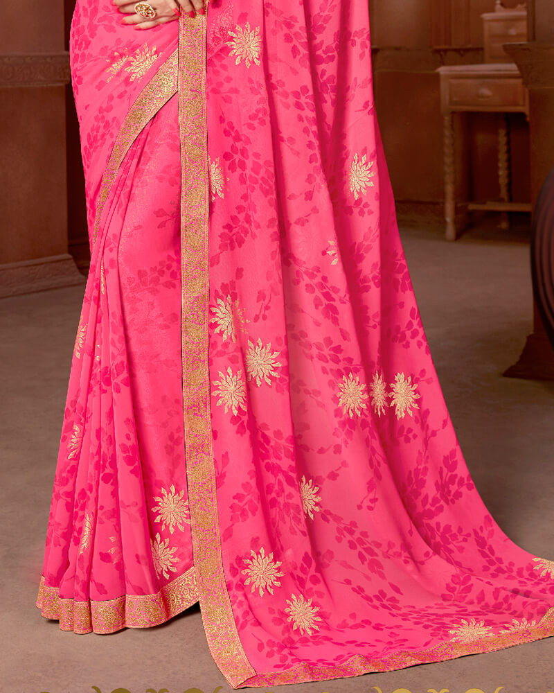 Vishal Prints Bright Pink Chiffon Saree With Foil Print And Jari Border