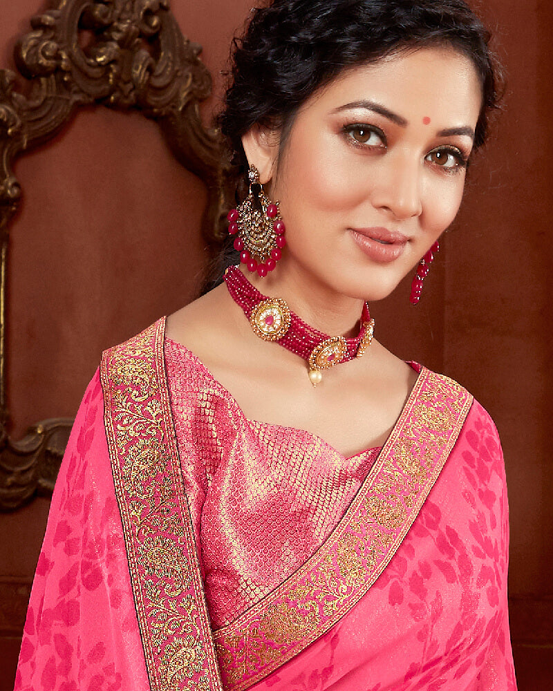 Vishal Prints Bright Pink Chiffon Saree With Foil Print And Jari Border