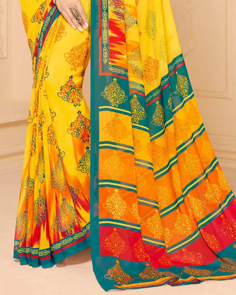 Vishal Prints Yellow And Rama Green Printed Georgette Saree