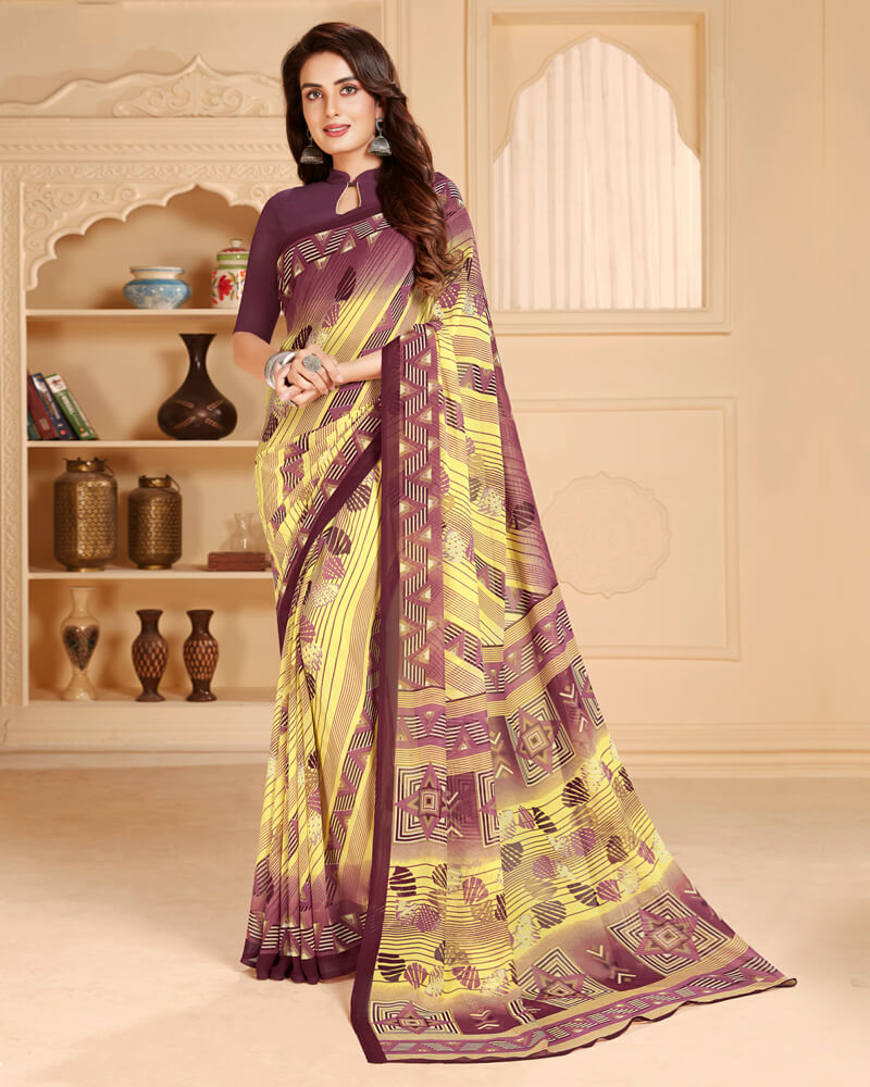 Vishal Prints Wine And Yellow Printed Georgette Saree
