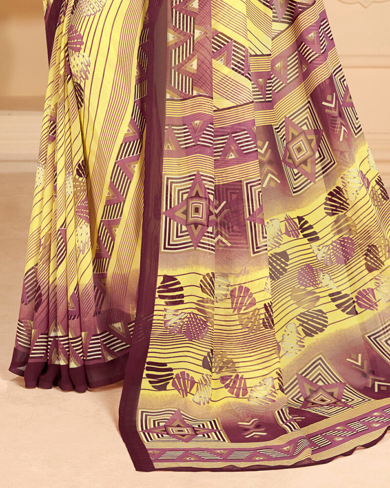 Vishal Prints Wine And Yellow Printed Georgette Saree