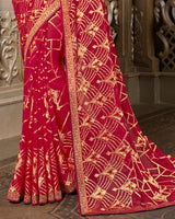 Vishal Prints Brick Red Brasso Saree With Foil Print And Jari Border