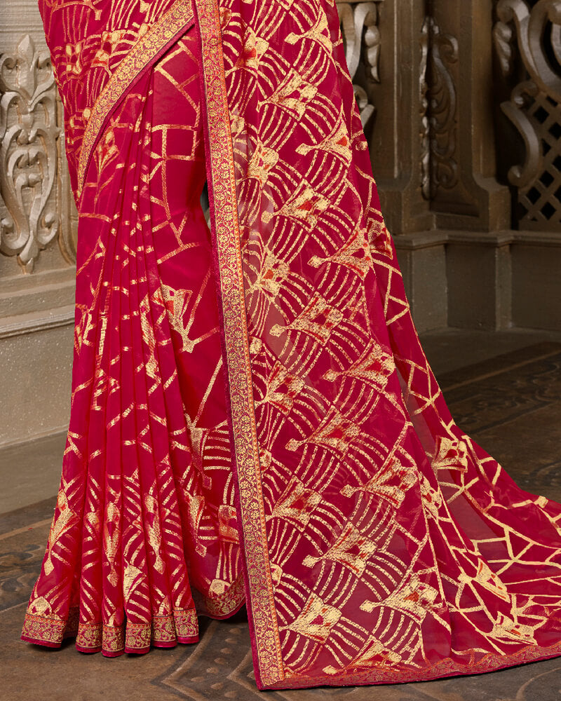 Vishal Prints Brick Red Brasso Saree With Foil Print And Jari Border