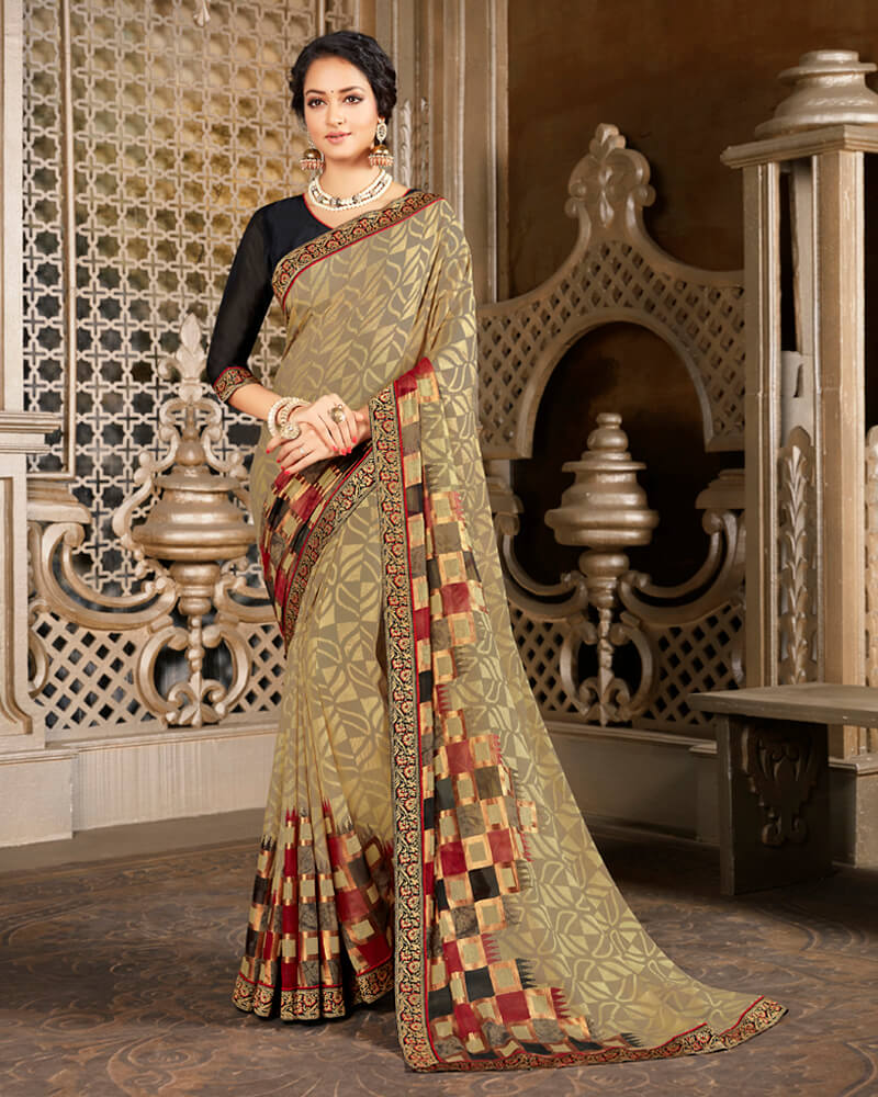 Vishal Prints Beige Brasso Saree With Foil Print And Jari Border