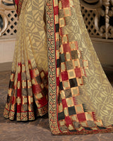 Vishal Prints Beige Brasso Saree With Foil Print And Jari Border