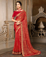 Vishal Prints Red Brasso Saree With Foil Print And Jari Border