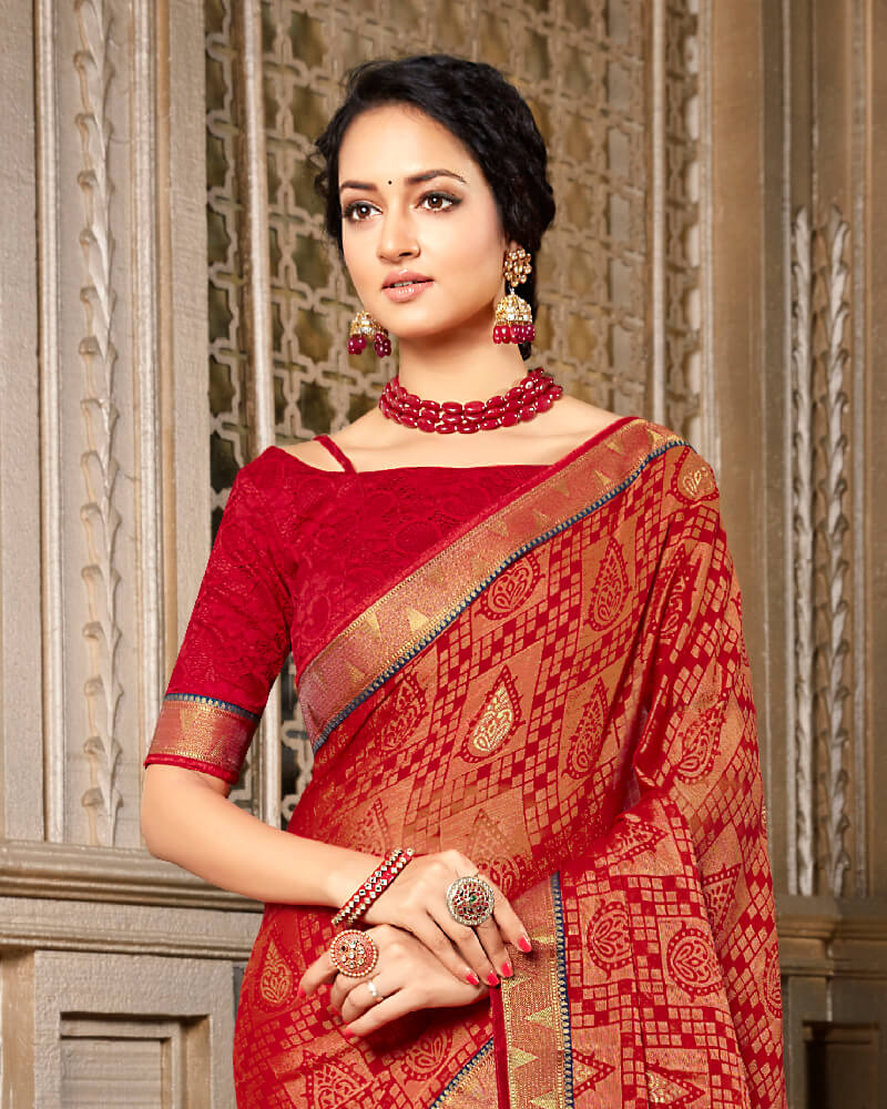 Vishal Prints Red Brasso Saree With Foil Print And Jari Border