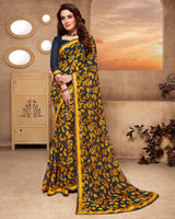 Vishal Prints Navy Blue And Yellow Printed Georgette Saree
